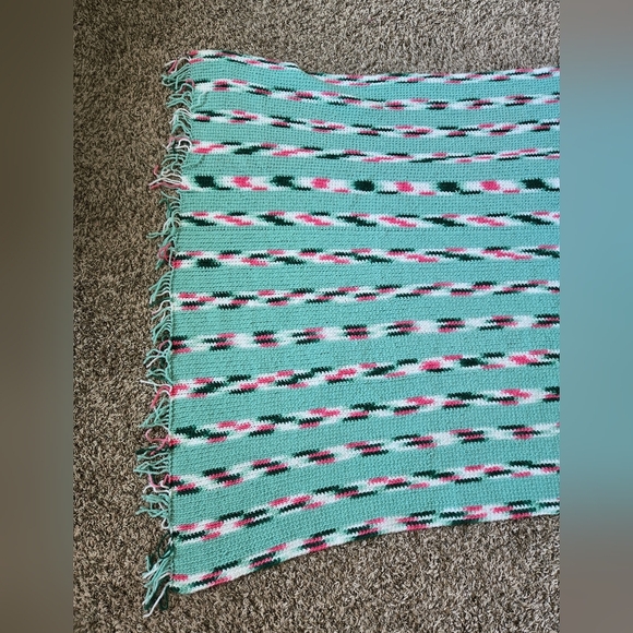 Vintage Shawl Wrap, Leg Warmer Crochet By Hand 1988 With Fringe Greens & Pink - Picture 7 of 9